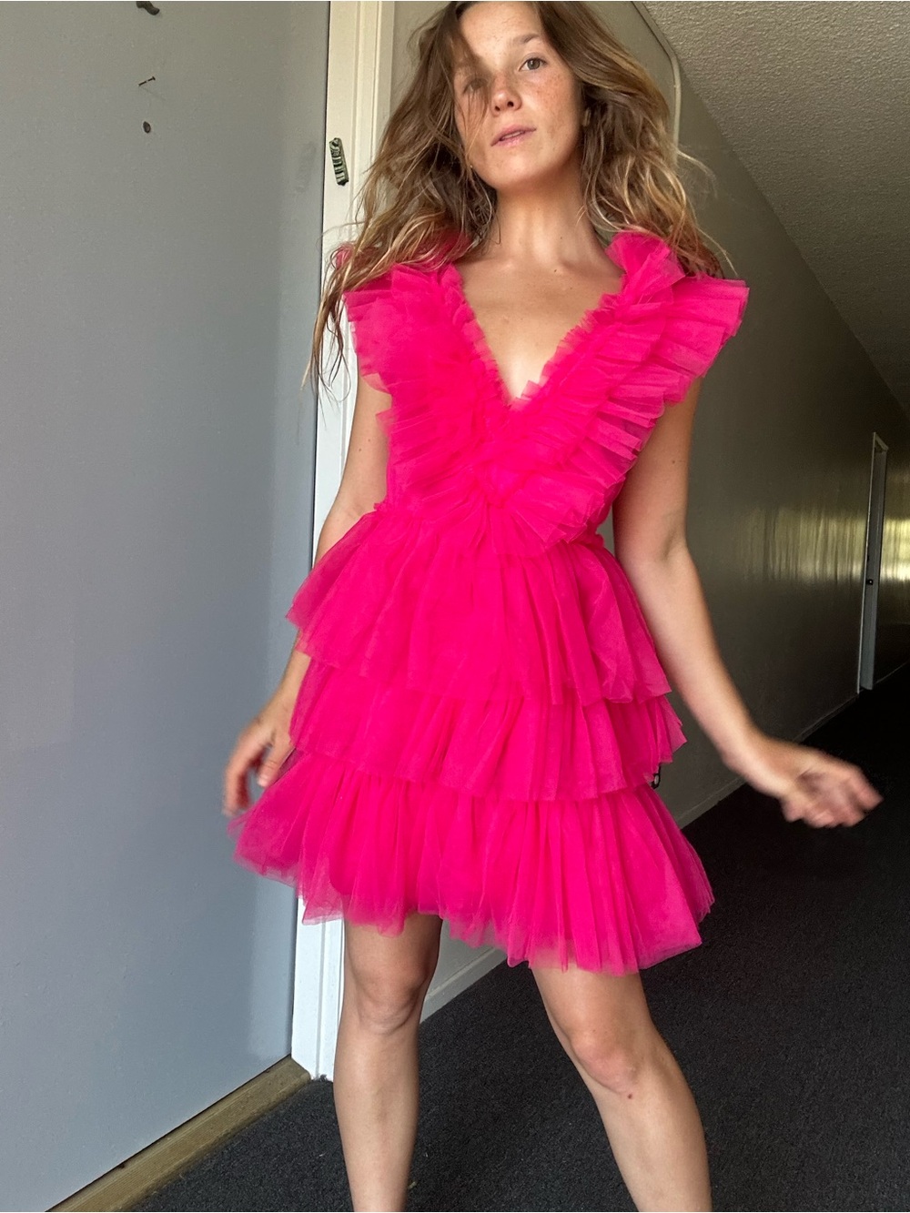 Betsey Johnson Show Off Tiered Tulle Dress in hot pink.
